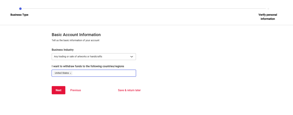 you will need to select a type of account to register.